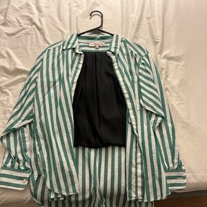 LOFT Green and White Striped Shirt